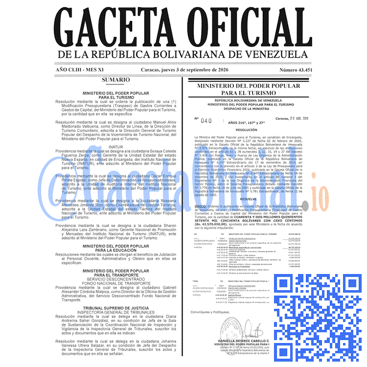 Venezuela Gaceta Oficial 43451 del 3 septiembre 2026 Gaceta Oficial, Gaceta 43451, Gaceta 43451 HD, Gaceta #43451, Gaceta Oficial Venezuela #43451
