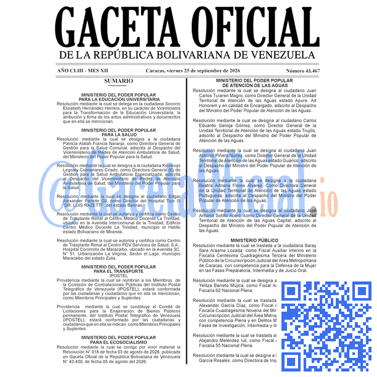 Venezuela Gaceta Oficial 43467 del 25 septiembre 2026 Gaceta Oficial, Gaceta 43467, Gaceta 43467 HD, Gaceta #43467, Gaceta Oficial Venezuela #43467