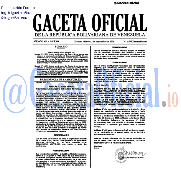 Gaceta Oficial 6575 del 12 septiembre 2020 Gaceta Oficial 6575 del 12 septiembre 2020