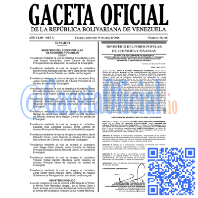Gaceta Oficial Venezuela #43416 miércoles 15 julio 2026