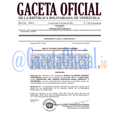 Gaceta Oficial Venezuela #7033 lunes 15 junio 2026